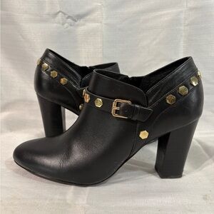 Isola Black Leather Ankle Booties with Gold Stud & Buckle